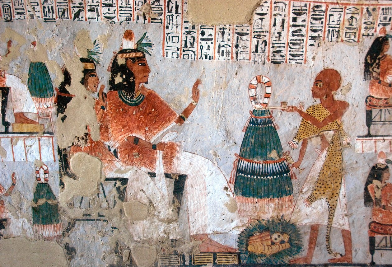 أثر مصري: تمثيل روي وزوجته نبتاوي في مواجهة رئيس كهنة. لوحة قبر روي (TT255). الأسرة الثامنة عشر. من الضفة الغربية للأقصر ، مصر بواسطة الأسرة الثامنة عشر المصرية