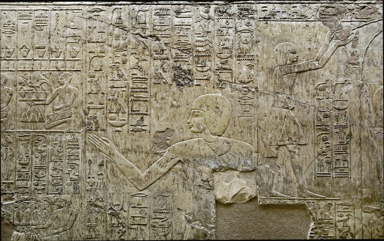 الآثار المصرية: تمثيل حملة القرابين. نقش منخفض لمقبرة الوزير راموس (الأسرة الثامنة عشر). الأقصر ، طيبة ، وادي النبلاء بمصر بواسطة الأسرة الثامنة عشر المصرية