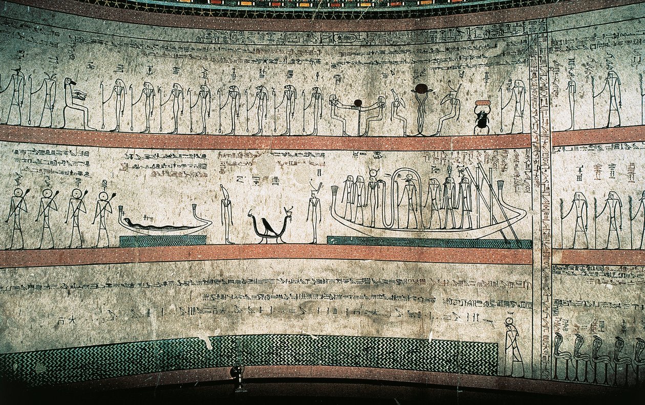 لوحات جدارية تصور كتاب أمدوات ، رحلة القارب الشمسي ، على غرف الدفن الجدار الغربي بواسطة الأسرة الثامنة عشر المصرية