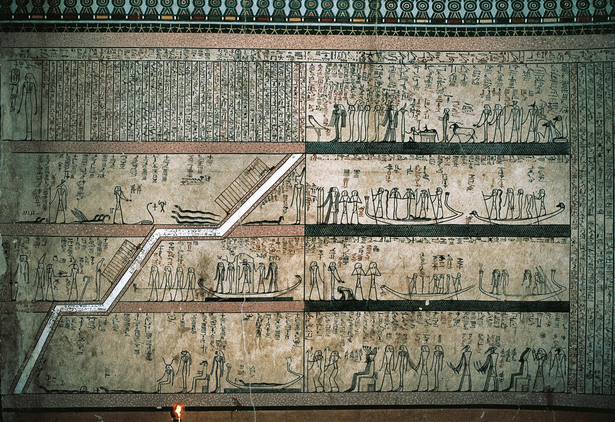 لوحات جدارية تصور كتاب أمدوات ، رحلة القارب الشمسي ، على غرف الدفن بالجدار الشرقي بواسطة الأسرة الثامنة عشر المصرية