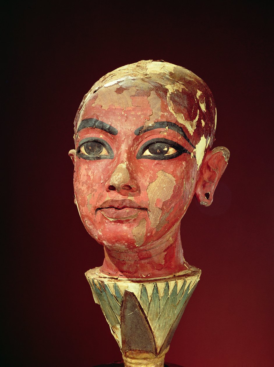 رأس الطفل الملك الذي يخرج من زهرة اللوتس ، من مقبرة توت عنخ آمون (1370-1352 قبل الميلاد) المملكة الحديثة (خشب مصبوغ ومطلي) (انظر أيضًا 149406) بواسطة الأسرة الثامنة عشر المصرية