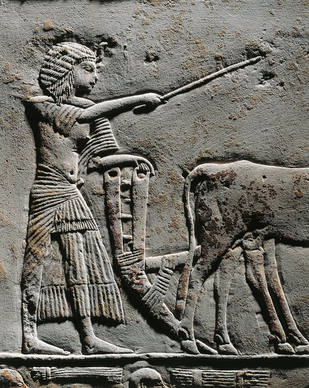 حورمحب يحرث الأرض في حقول إيارو، نقش بارز من مقبرة حورمحب في سقارة، التفاصيل بواسطة الأسرة الثامنة عشر المصرية