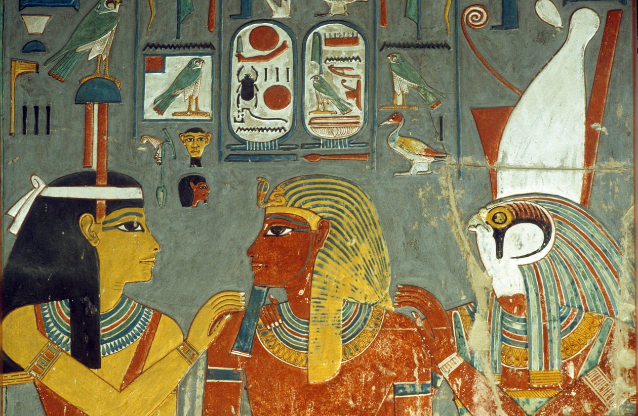 حورس ، حورمحب وحتحور ، من مقبرة حورمحب (حوالي 1323-1295 قبل الميلاد) المملكة الحديثة (رسم جداري) بواسطة الأسرة الثامنة عشر المصرية