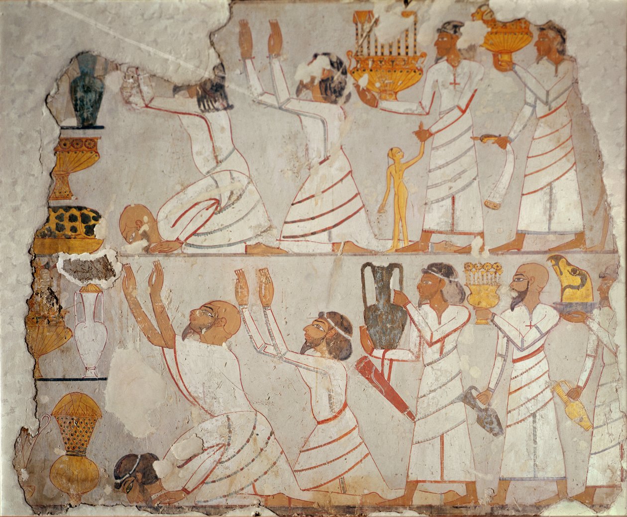 جزء من جدار مقبرة مرسوم يظهر حاملي الجزية الآسيويين ، حوالي 1400 قبل الميلاد (جص مطلي على الحجر) بواسطة الأسرة الثامنة عشر المصرية