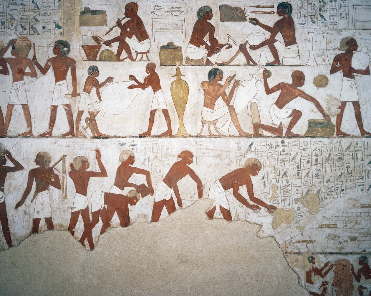 خزّافون وعمال ، لوحة جدارية ، مصلى ، قبر رخمير (TT100) ، الشيخ عبد القرنة ، طيبة (قائمة اليونسكو للتراث العالمي بواسطة الأسرة الثامنة عشر المصرية