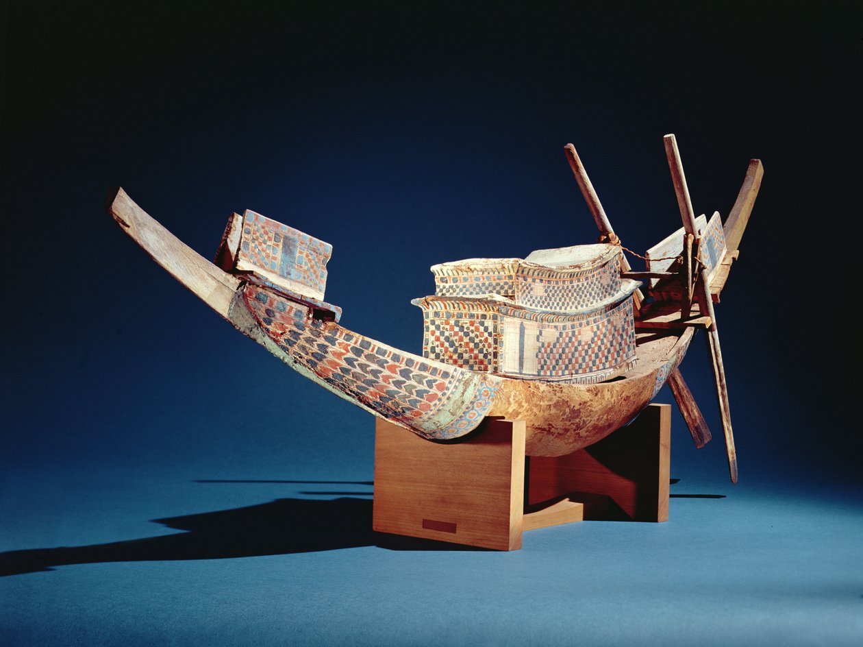 نموذج مصغر لقارب من مقبرة توت عنخ آمون ، المملكة الحديثة ، c.1347-37 قبل الميلاد (خشب) بواسطة الأسرة الثامنة عشر المصرية