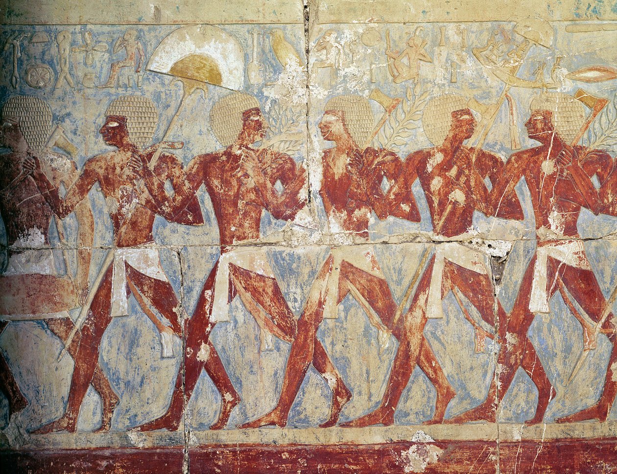 نقش يصور موكبًا تكريما للإلهة حتحور ، من معبد حتشبسوت الجنائزي (c.1503-1482 قبل الميلاد) المملكة الجديدة (الحجر الجيري المطلي) (انظر أيضًا 382845) بواسطة الأسرة الثامنة عشر المصرية