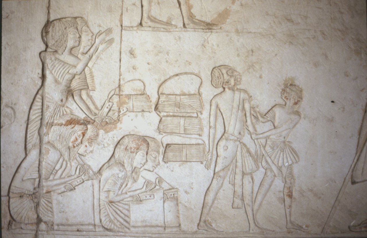 نقش يصور الكتبة في العمل ، من مقبرة حورمحب (c.1323-1295 قبل الميلاد) المملكة الحديثة (رسم جداري) (انظر 218337 لمزيد من التفاصيل) بواسطة الأسرة الثامنة عشر المصرية