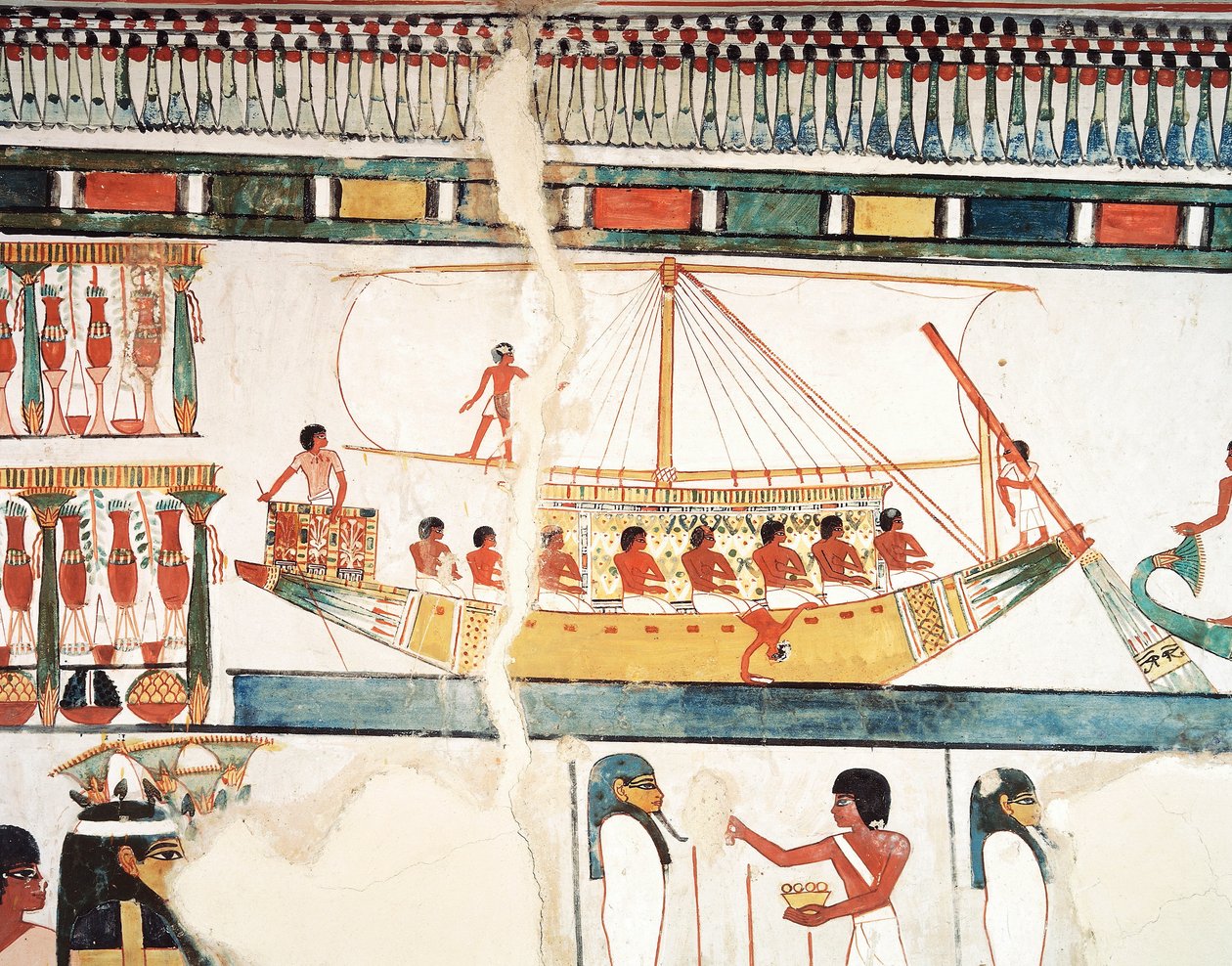 السفينة الشمسية ، تفاصيل الحج إلى أبيدوس ، لوحة جدارية ، الجدار الشمالي ، غرفة طعام طويلة ، مقبرة طيبة تي تي 69 ، الشيخ عبد القرنة ، طيبة (قائمة اليونسكو للتراث العالمي بواسطة الأسرة الثامنة عشر المصرية