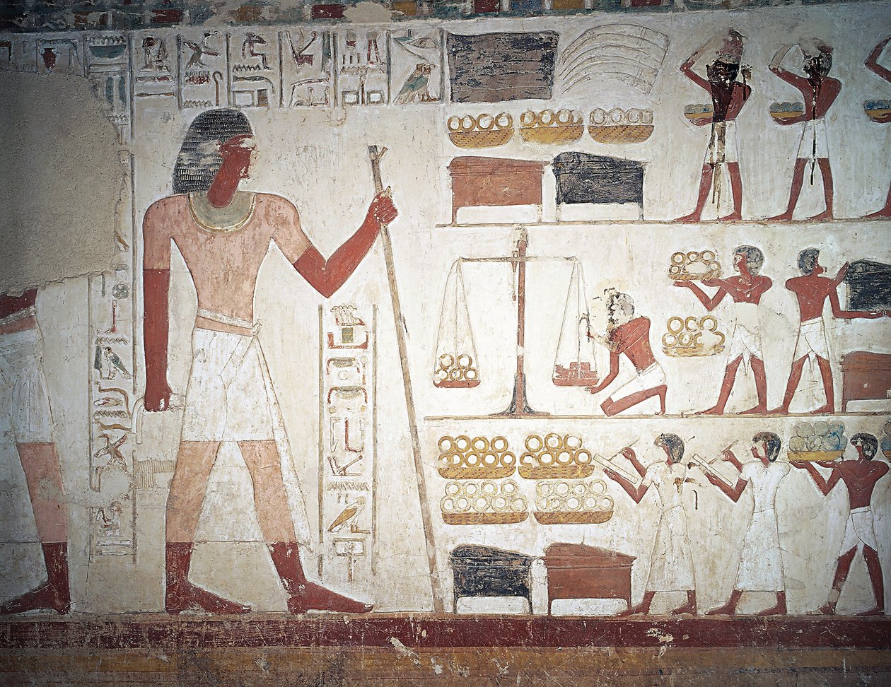 وزن النحاس ، واللوحات الجدارية ، ومقبرة المستخدم ، المعلم والكاتب في عهد أمنحتب الثاني ، المعروف أيضًا باسم قبر TT56 ، الشيخ عبد القرنة ، طيبة (قائمة اليونسكو للتراث العالمي بواسطة الأسرة الثامنة عشر المصرية