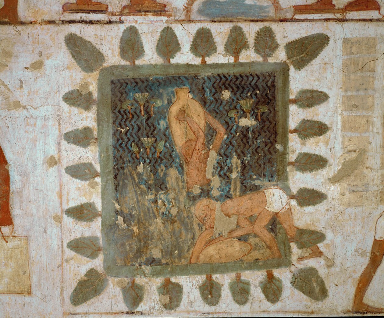 عمال يحملون المزهريات (لوحة جدارية) بواسطة الأسرة الثامنة عشر المصرية