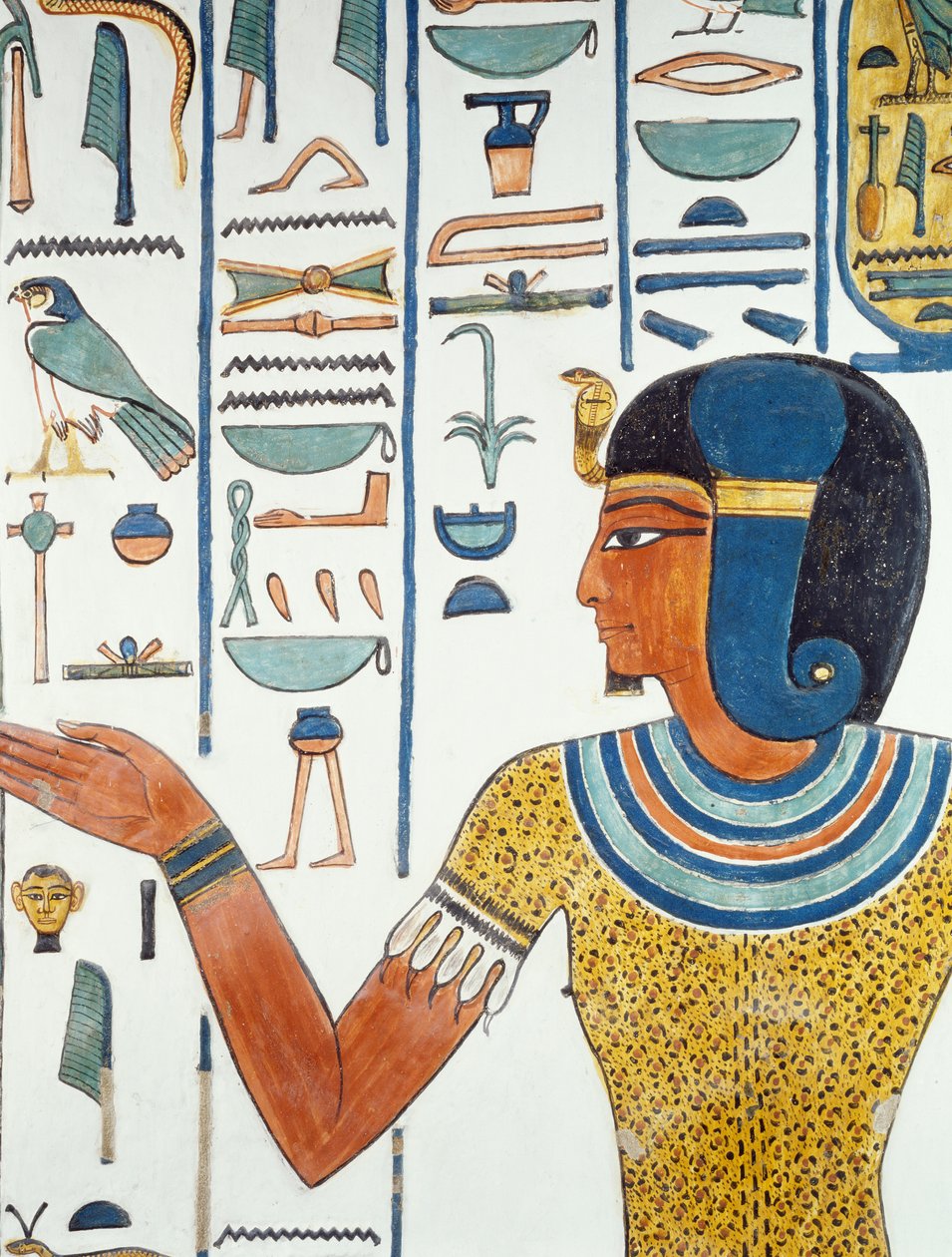 عمود بهورنجيتف ، تفاصيل اللوحات الجدارية في حجرة دفن نفرتاري ، وادي الملكات ، الأقصر ، طيبة (قائمة اليونسكو للتراث العالمي بواسطة الأسرة المصرية التاسعة عشرة