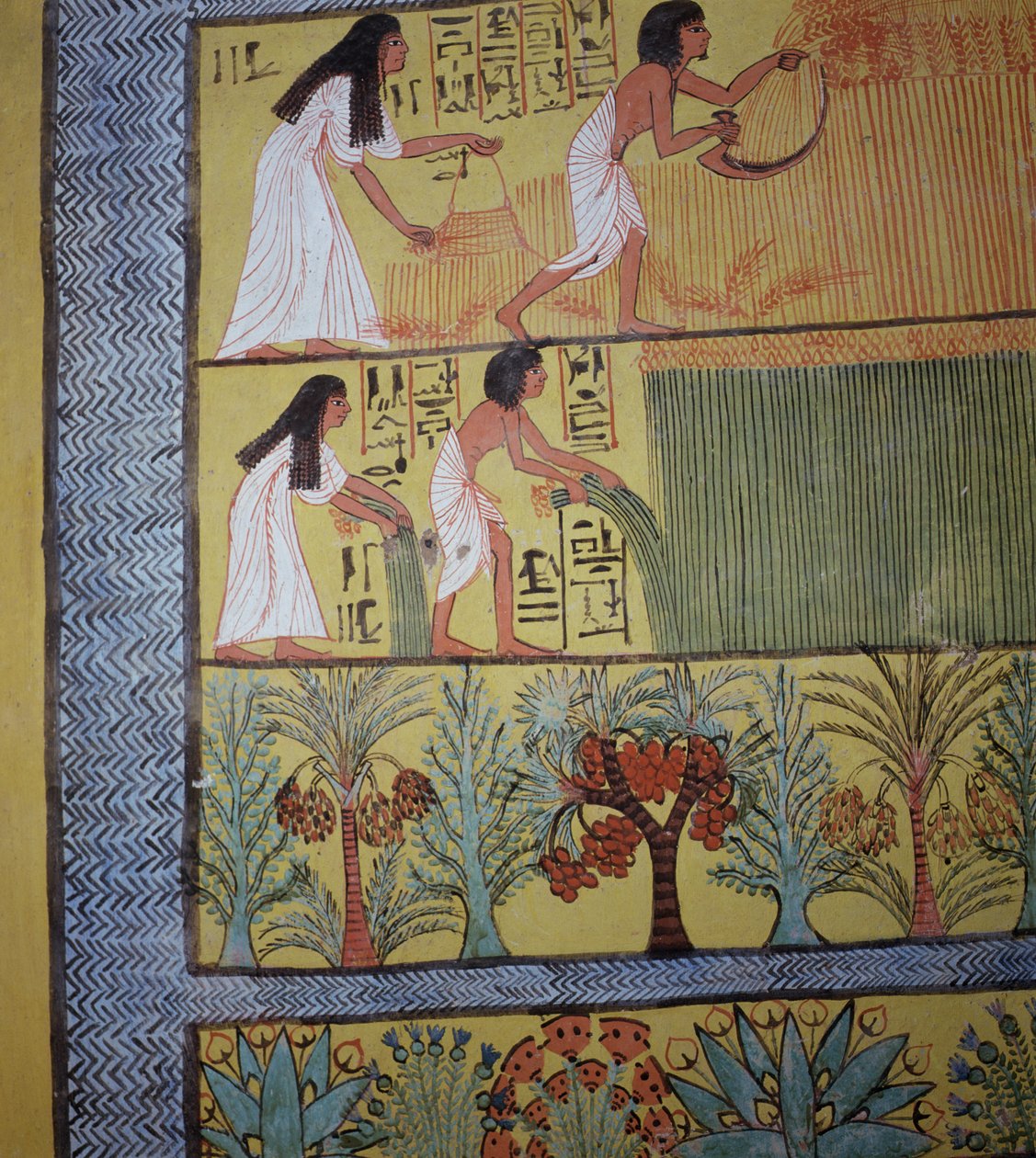 تفاصيل مشهد الحصاد على الجدار الشرقي ، من مقبرة سننجم ، قرية العمال ، المملكة الحديثة (رسم جداري) (انظر أيضًا 19829-30 و 67891) بواسطة الأسرة المصرية التاسعة عشرة