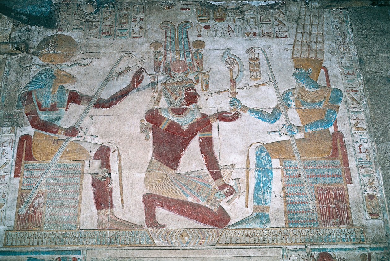 مصر، أبيدوس، معبد الفرعون سيتي الأول، كنيسة أوزوريس، رسم بارز بواسطة الأسرة المصرية التاسعة عشرة