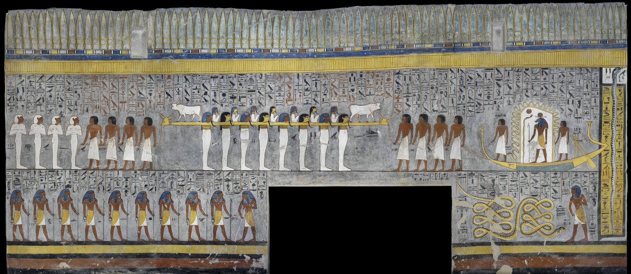 Egypt, Thebes, Luxor, Valley of the Kings, Tomb of Ramses I, mural painting of Ra in solar bark in burial chamber from 19th dynasty بواسطة الأسرة المصرية التاسعة عشرة