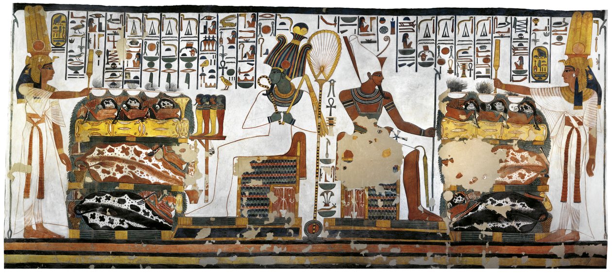 Egypt, Thebes, Luxor, Valley of the Queens, Tomb of Nefertari, Annex to antechamber, Mural paintings, Queen offering before Osiris and Atum بواسطة الأسرة المصرية التاسعة عشرة