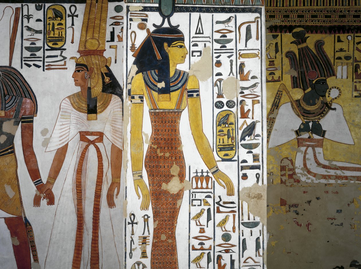 Egypt, Thebes, Luxor, Valley of the Queens, Tomb of Nefertari, Vestibule, Mural paintings, Harsiesi leads Queen by the hand, goddess Neith بواسطة الأسرة المصرية التاسعة عشرة
