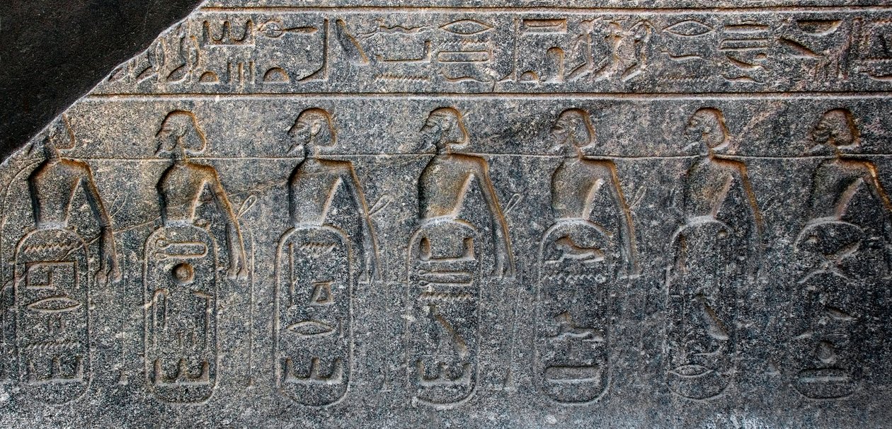 الآثار المصرية: تفاصيل نقش بارز يزين شعارات الأراضي التي احتلها فرعون رمسيس الثاني (1292-1186 قبل الميلاد). معبد الأقصر. الضفة الشرقية (طيبة) ، مصر بواسطة الأسرة المصرية التاسعة عشرة