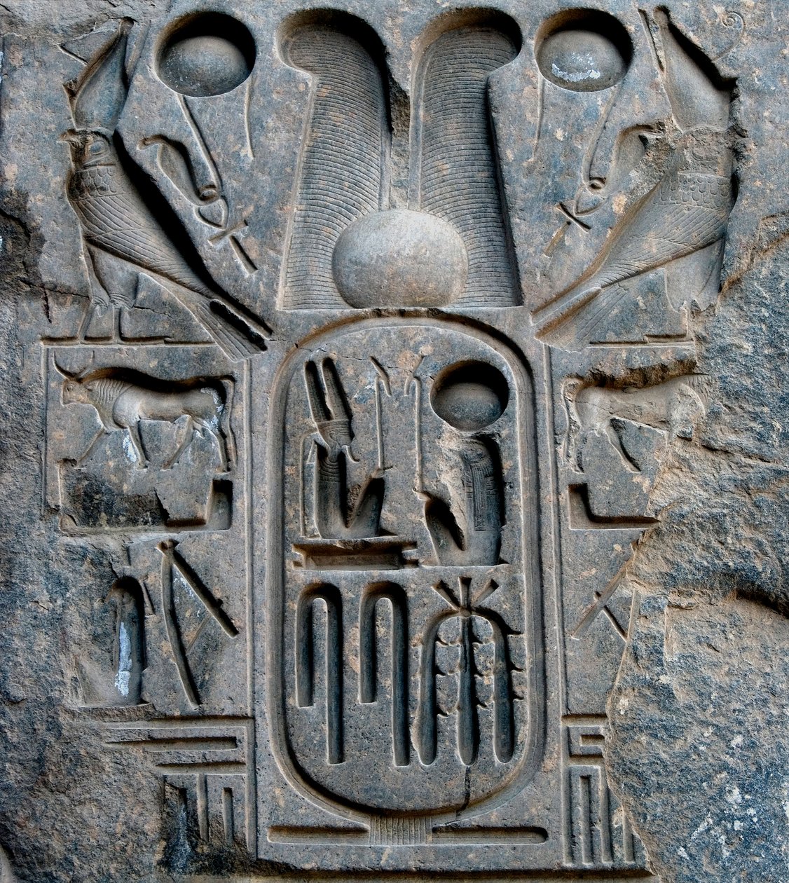الآثار المصرية: تفاصيل خرطوشة الفرعون رمسيس الثاني (1292-1186 قبل الميلاد). معبد الأقصر. الضفة الشرقية (طيبة) ، مصر بواسطة الأسرة المصرية التاسعة عشرة