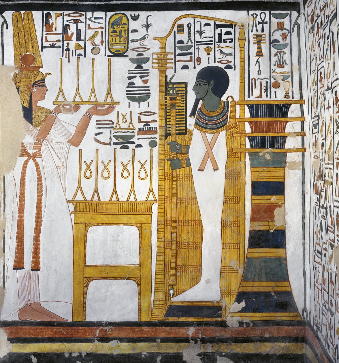 Nefertari making an offering of linen to Ptah, detail from the west wall of the Eastern Annexe of the Tomb of Nefertari (wall painting) بواسطة الأسرة المصرية التاسعة عشرة