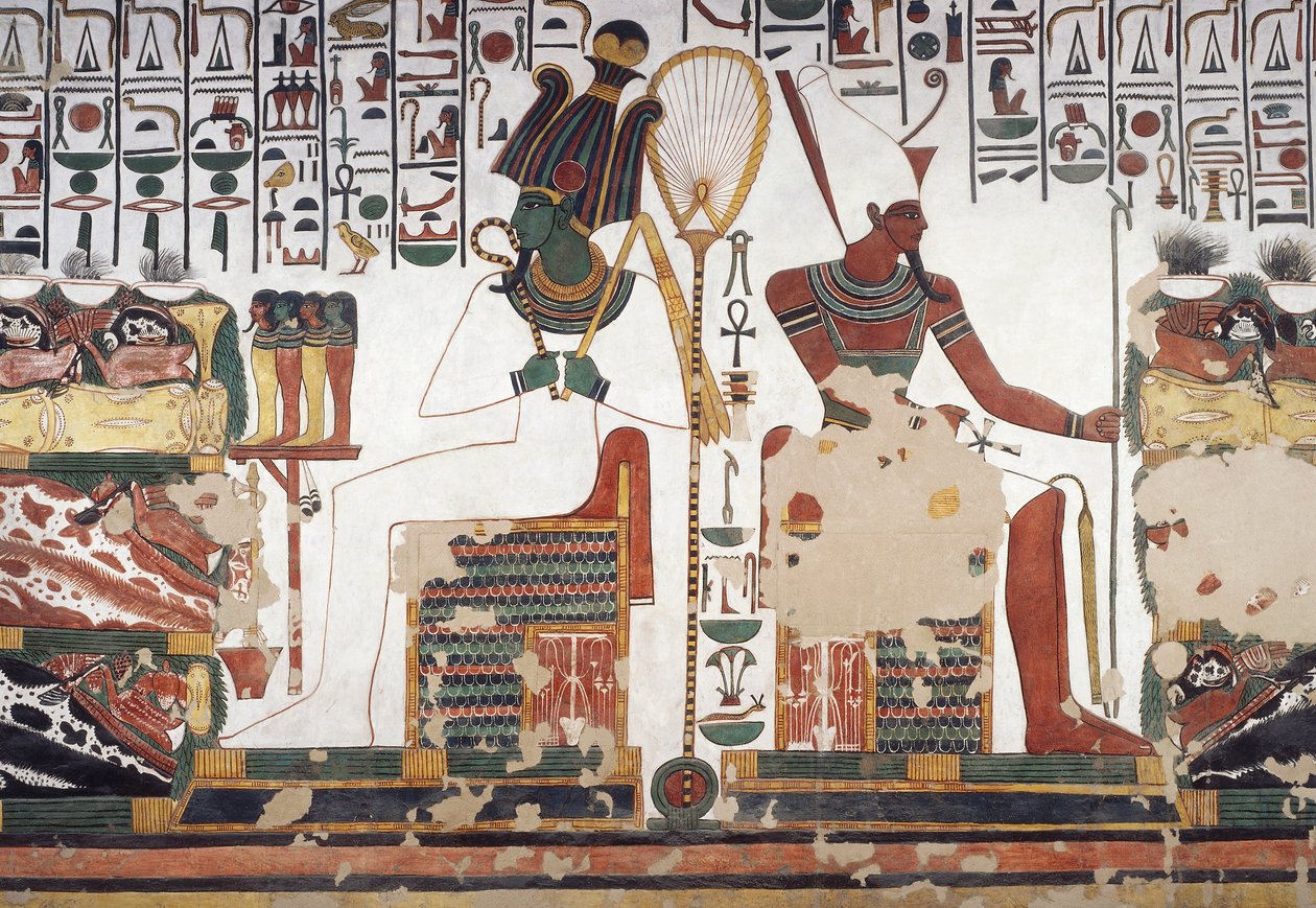 أوزوريس وأتوم ، لوحة جدارية ، الجدار الشرقي ، الغرفة الجانبية الشرقية ، مقبرة نفرتاري (QV66) ، وادي الملكات ، طيبة (قائمة اليونسكو للتراث العالمي بواسطة الأسرة المصرية التاسعة عشرة