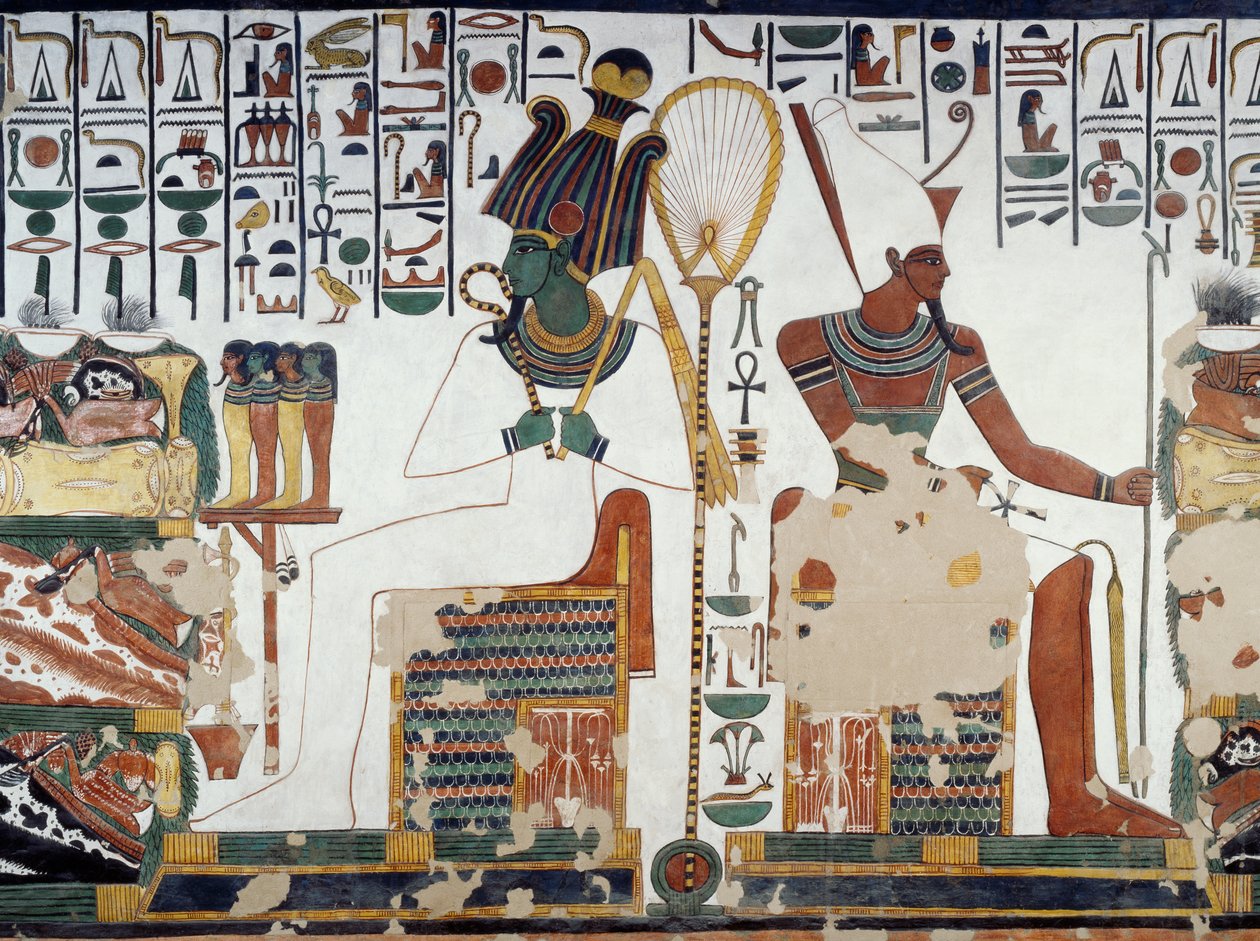 أوزوريس وأتون ، تفاصيل اللوحات الجدارية بالحجرة الثانية لمقبرة نفرتاري ، وادي الملكات ، الأقصر ، طيبة (قائمة اليونسكو للتراث العالمي بواسطة الأسرة المصرية التاسعة عشرة