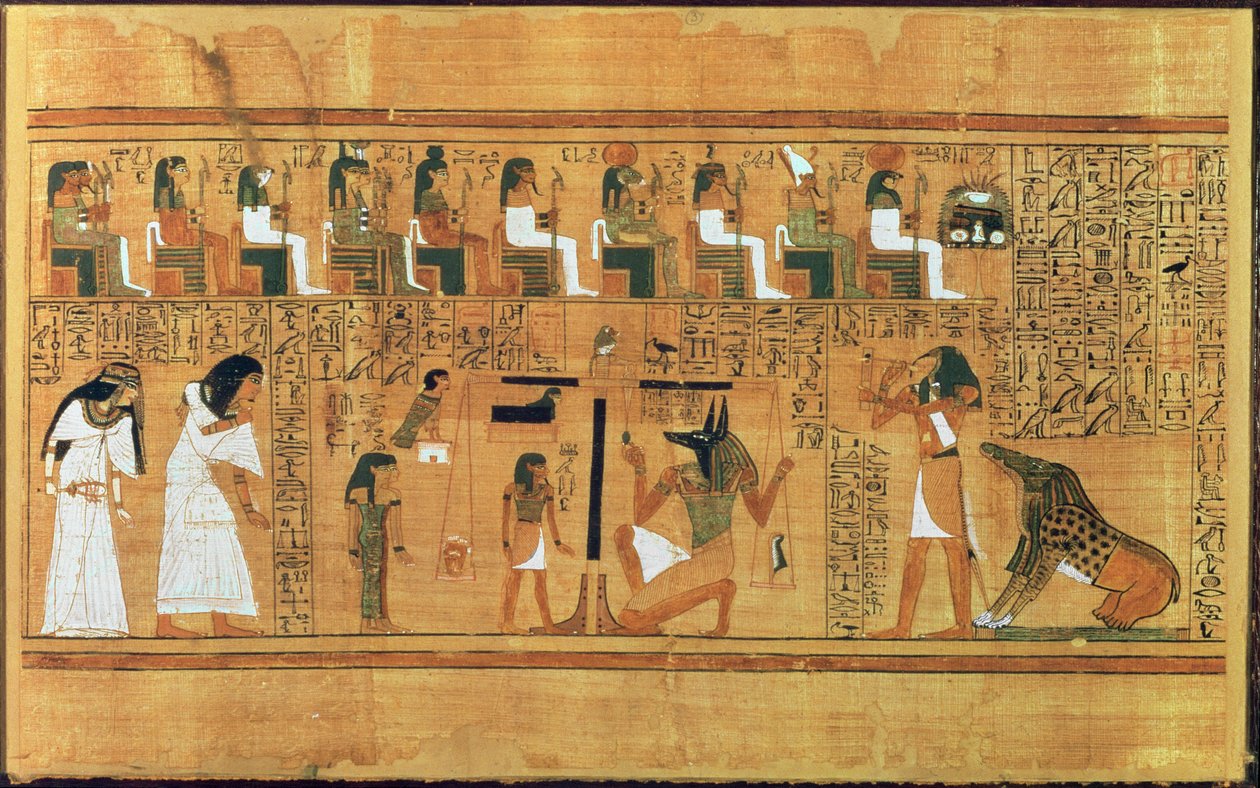 وزن القلب ضد ريشة الحقيقة ، من كتاب قتلى الكاتب أي ، c.1250 قبل الميلاد (ورق البردي الملون) بواسطة الأسرة المصرية التاسعة عشرة