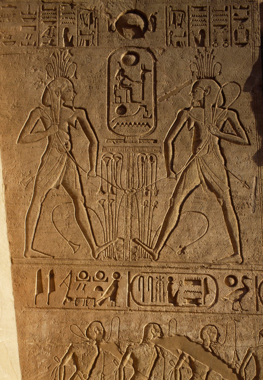 الاتحاد بين مصر العليا والسفلى وخرطوش الفرعون، نقش بارز على قاعدة العروش، معبد رمسيس الثاني، أبو سمبل، مصر، المملكة الحديثة، الأسرة التاسعة عشرة بواسطة الأسرة المصرية التاسعة عشرة