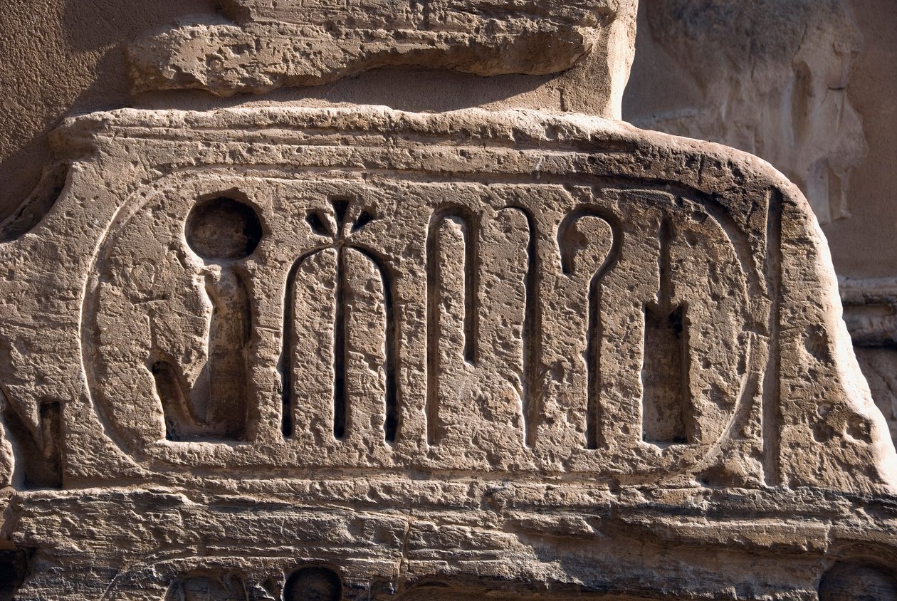 الأنتيكيت المصري: خرطوشة الفرعون رمسيس الثالث. المعبد الجنائزي لرمسيس الثالث (1187-1156 قبل الميلاد). الأقصر ، مدينة حبو ، مصر بواسطة الأسرة المصرية العشرون