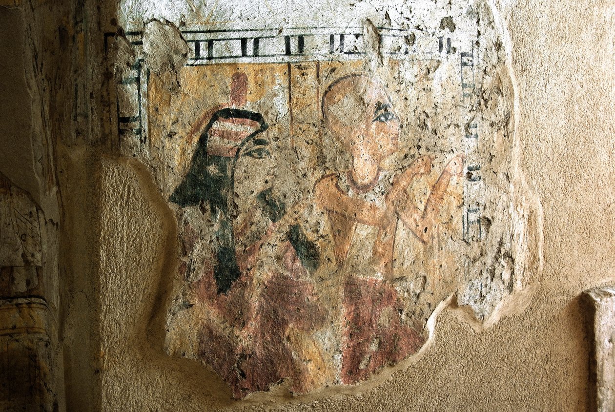 الآثار المصرية: تمثيل شروي وزوجته في العبادة. لوحة قبر شروي (TT13). الأسرة العشرون. 1190-1077 قبل الميلاد مقبرة درة أبو النجا ، الضفة الغربية للأقصر ، مصر بواسطة الأسرة المصرية العشرون