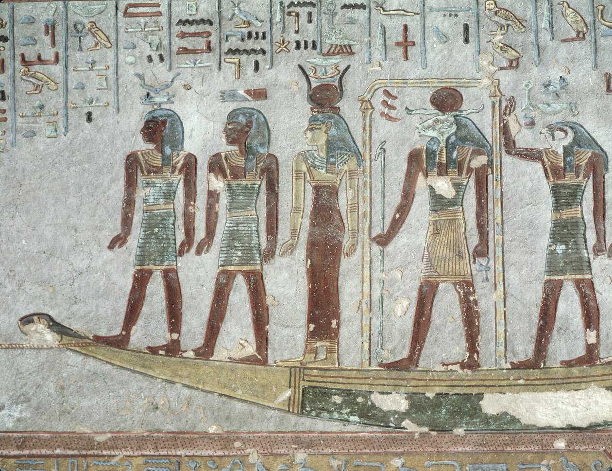 نقش يصور خنوم في بارك جنائزي يمر عبر العالم السفلي ، من مقبرة رمسيس الثالث (c.1184-1153 قبل الميلاد) المملكة الجديدة (الحجر الجيري المطلي) بواسطة الأسرة المصرية العشرون