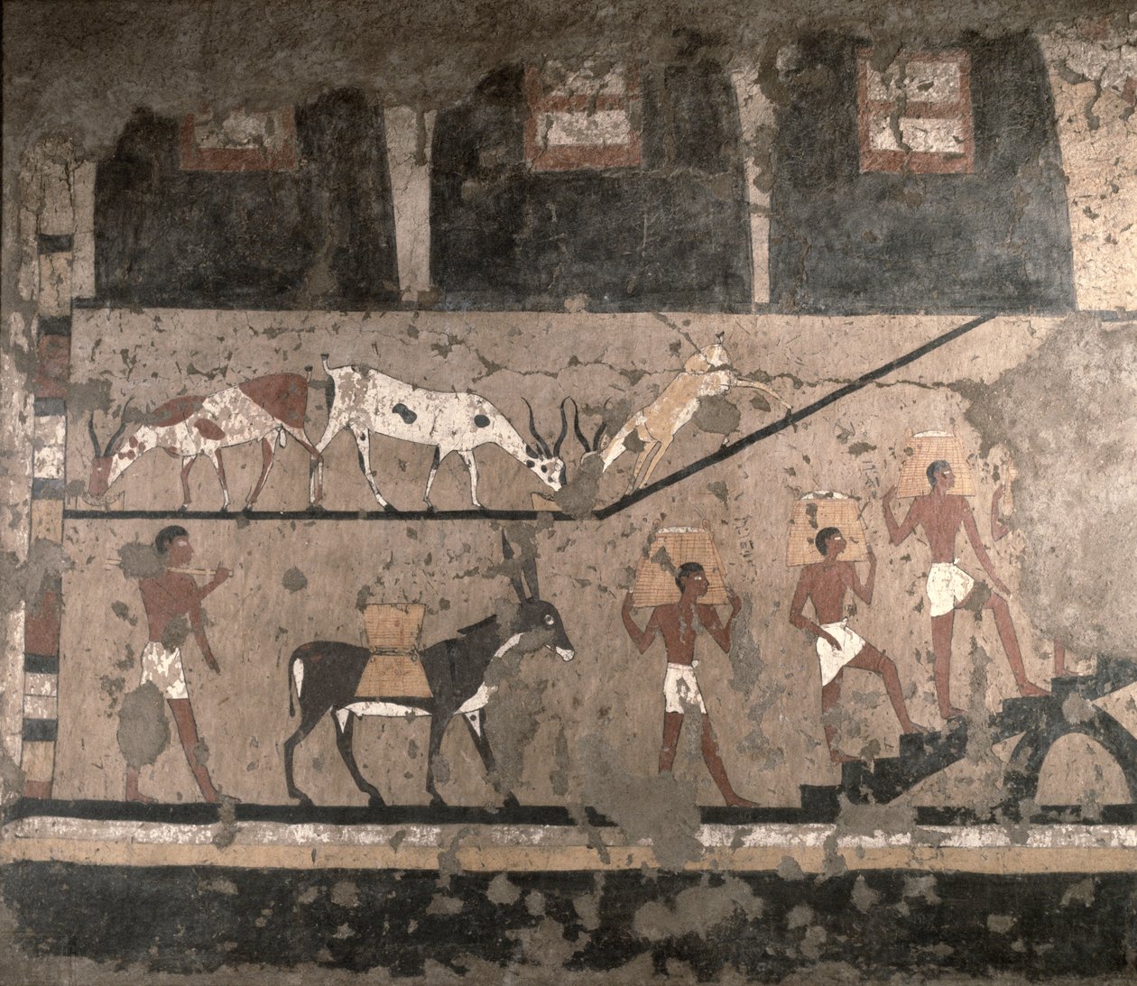 المشهد الزراعي ، تمت إزالة لوحة جدارية من مصطبة تي في سقارة ، المملكة القديمة ، c.2494-2345 قبل الميلاد (الحجر الجيري المطلي) بواسطة الأسرة الخامسة المصرية