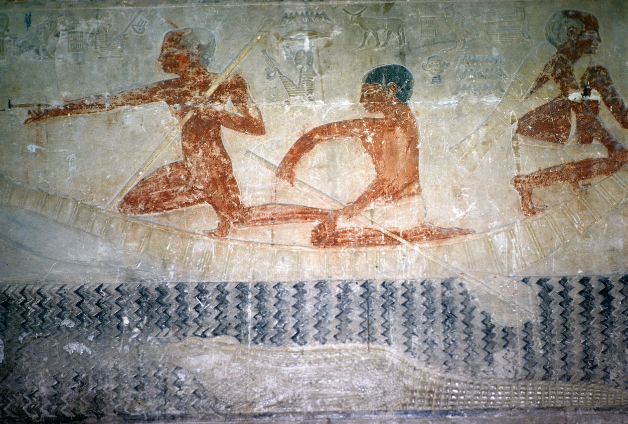 صيادون وتمساح من الجدار الشمالي لكنيسة المصطبة في تي ، المملكة القديمة (رسم جداري) بواسطة الأسرة الخامسة المصرية