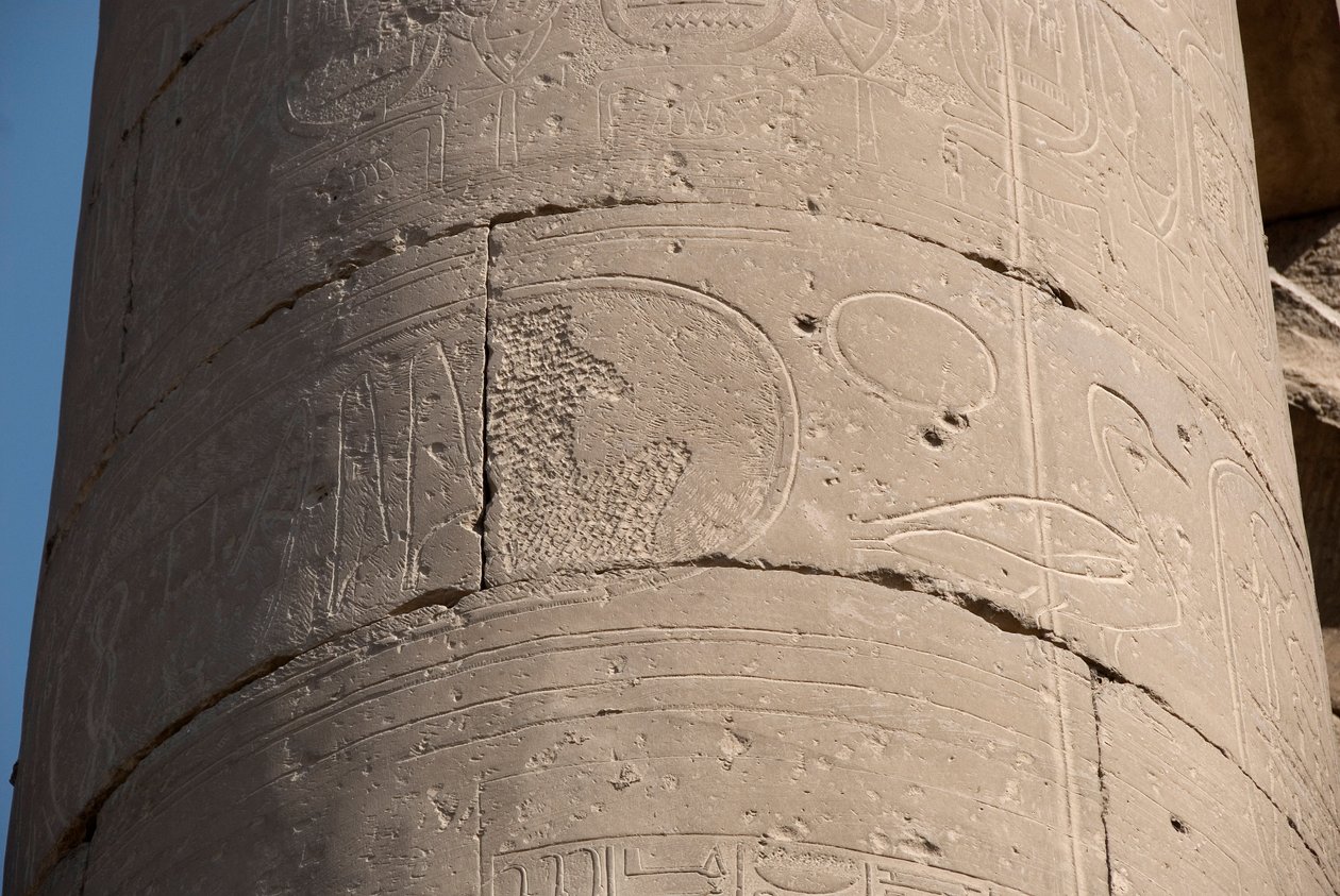 الآثار المصرية: تفاصيل عمود به خرطوشة محيت بسبب "damoria memoriae" ، محو خراطيش بعض الفراعنة الذين اعتبرهم خلفاؤهم هرطقة ، معبد الأقصر. الضفة الشرقية (طيبة) ، مصر بواسطة مصري مصري