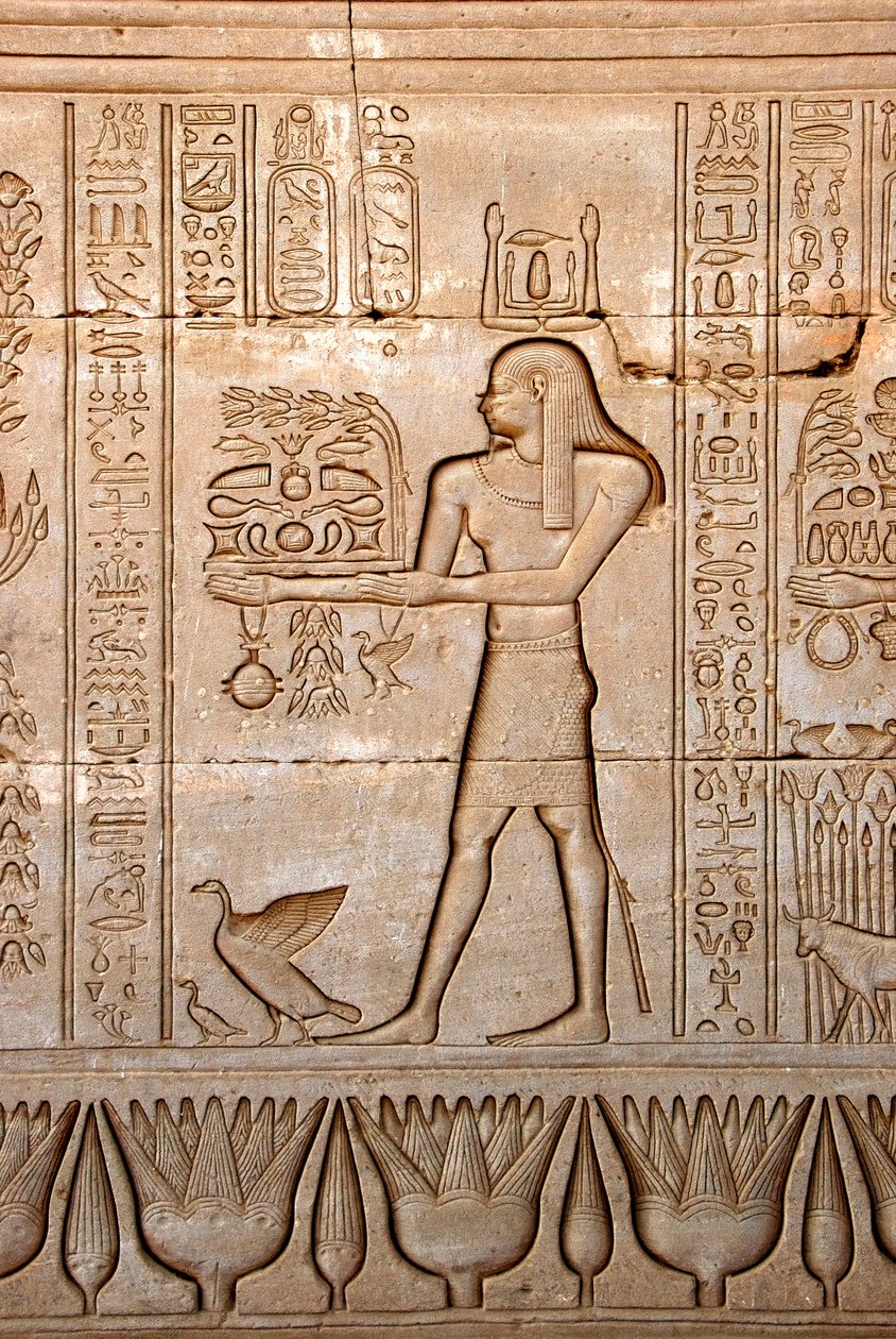 الآثار المصرية: تمثيل لرجل يقدم قرابين للإلهة ، معبد حتحور ، دندرة ، مصر - الحضارة المصرية: رجل يحمل قرابين للإلهة حتحور ، منحوت على جدار معبد حتحور (أو معبد تينتيرا) في دندرة بواسطة الفترة البطلمية المصرية