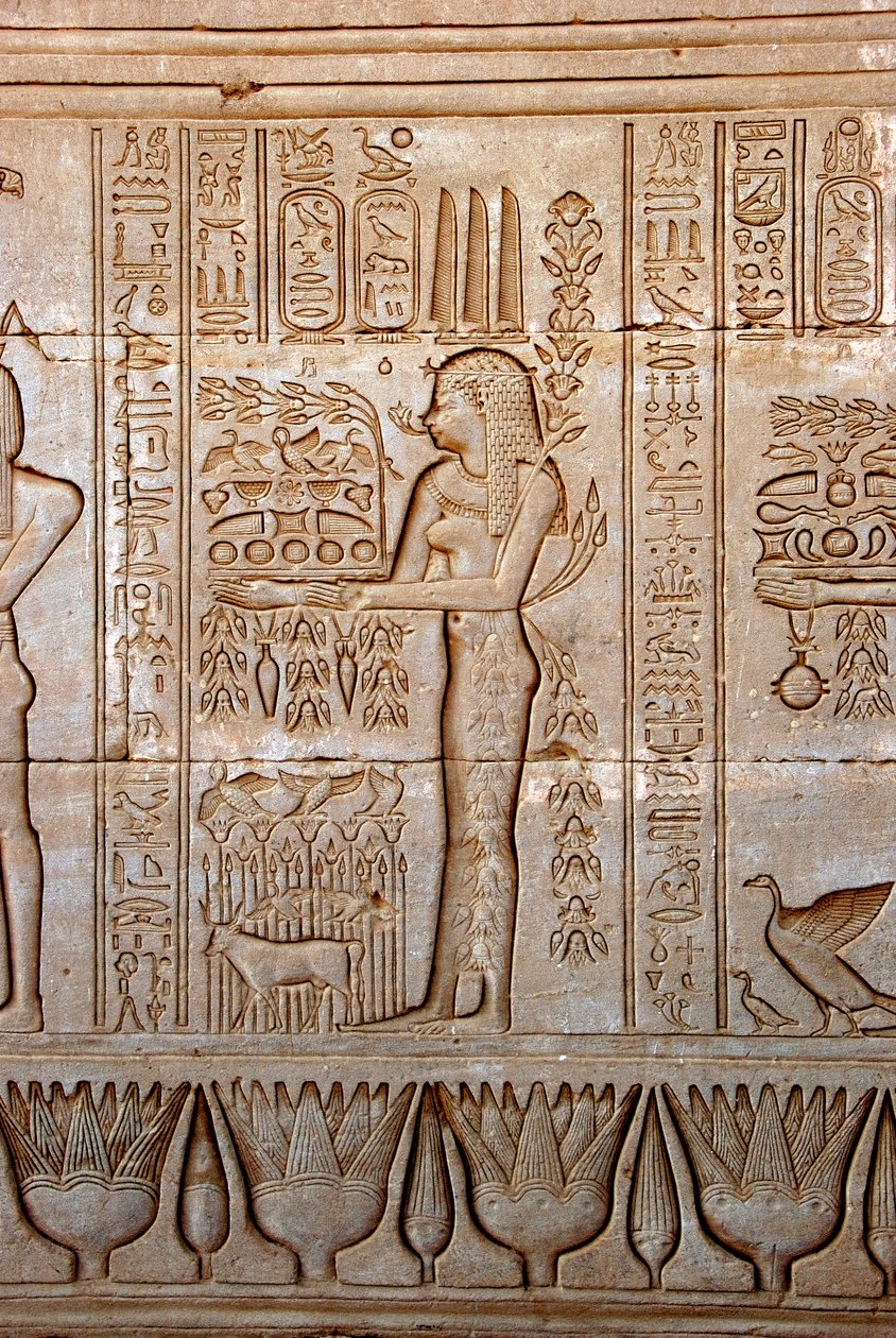 الآثار المصرية: تمثيل شابة تقدم القرابين كتقدير للإلهة ، معبد حتحور ، دندرة ، مصر بواسطة الفترة البطلمية المصرية