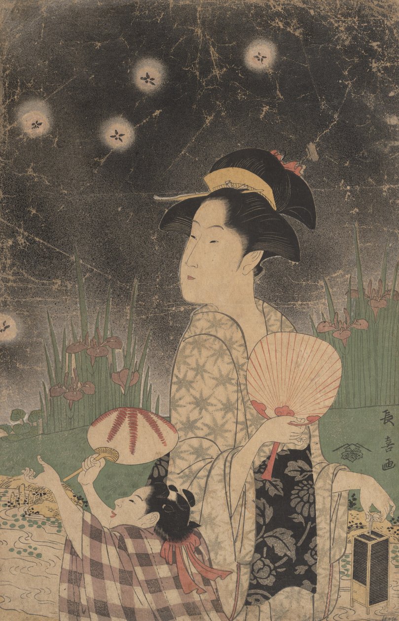 امرأة وطفل يصطادان اليراعات ، كاليفورنيا. 1793. بواسطة Eisōsai Chōki