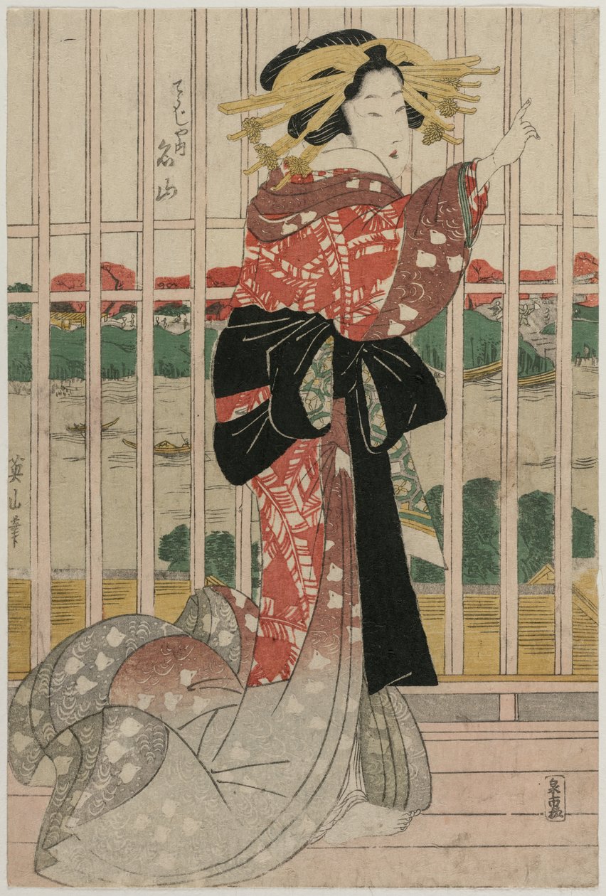 المحظية Meizan من Chojiya على شرفة تطل على نهر Sumida ، في منتصف أو حوالي 1820s. بواسطة Kikugawa Eizan