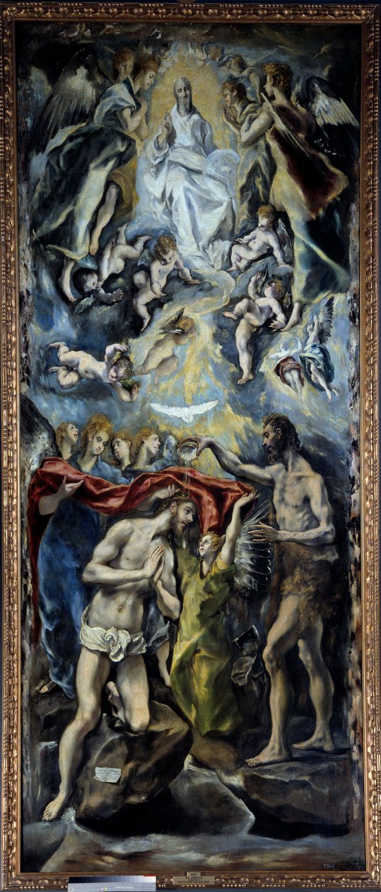 معمودية المسيح اللوحة بواسطة Domenikos Theotokopoulos dit El Greco (1541-1614) 1596 Sun. 3،5x1،44 م مدريد ، متحف برادو بواسطة إل جريكو