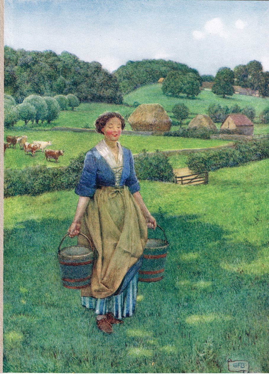 Milkmaid ، رسم توضيحي من كتاب الأغاني والقصص الإنجليزية القديمة ، الذي نشره Hodder and Stoughton ، حوالي عام 1910 (لون ليثو) بواسطة إليانور فورتسكو بريكديل