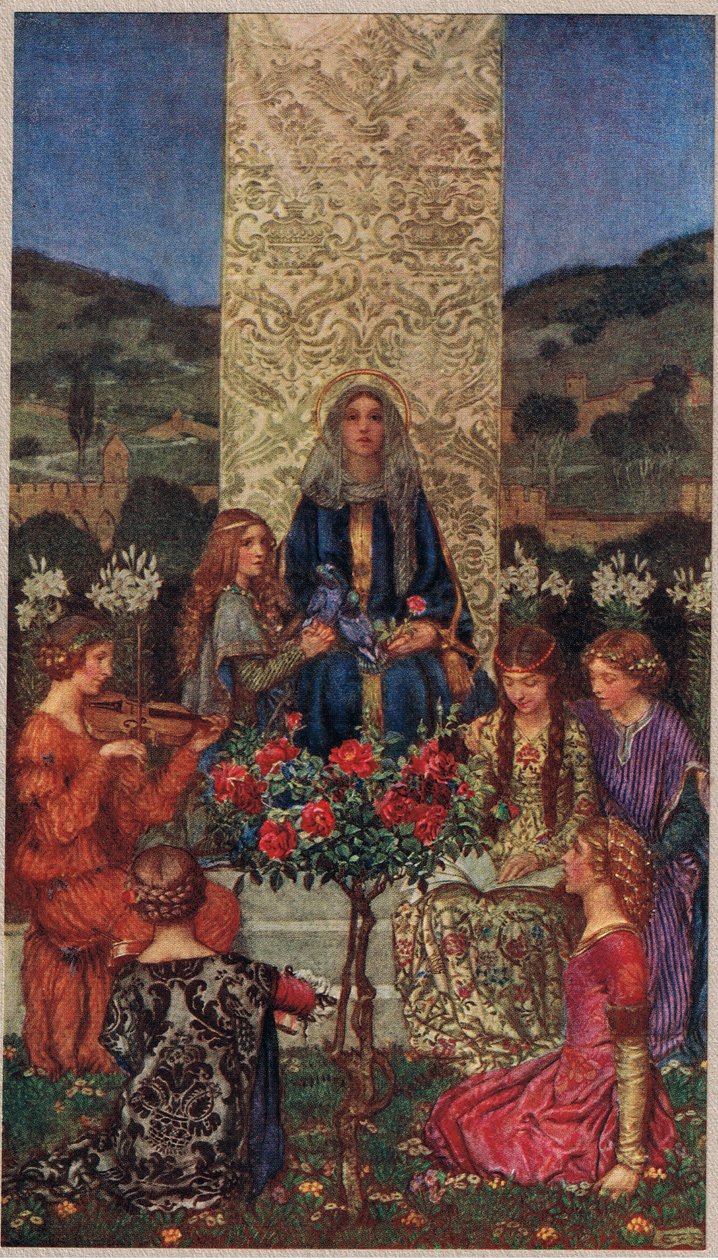 Our Lady Sings Magnificat ، رسم توضيحي من "كتاب الأغاني والأغاني الإنجليزية القديمة" ، الذي نشره Stodder and Houghton ، حوالي عام 1910 (ليثو ملون) بواسطة إليانور فورتسكو بريكديل