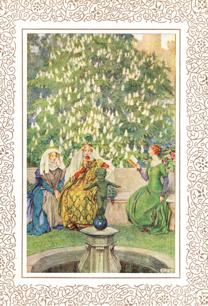 الملكة التي جلست بين أفضل ما لديها Enid و lissome Vivien ... ، رسم توضيحي من "Idylls of the King" بواسطة Alfred Tennyson (1809-1992) ، نشره Hodder & Stoughton بواسطة إليانور فورتسكو بريكديل