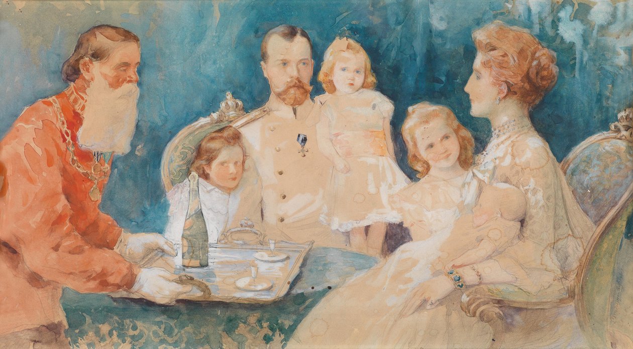 القيصر نيكولاي الثاني و Tsarina Alexandra Fjordorovna مع بناتهما أولغا وتاتيانا وماريا وأنستازيا (كطفل رضيع) بواسطة Elena Samokich Soudkovskaïa