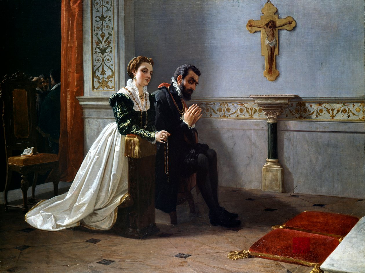 بيانكا كابيلو وفرانسوا الأول دي ميديشي (1541-1587) (فرانشيسكو بريمو الأول دي ميديشي) يصليان قبل الصليب (زيت على قماش) بواسطة إليوتريو باجليانو