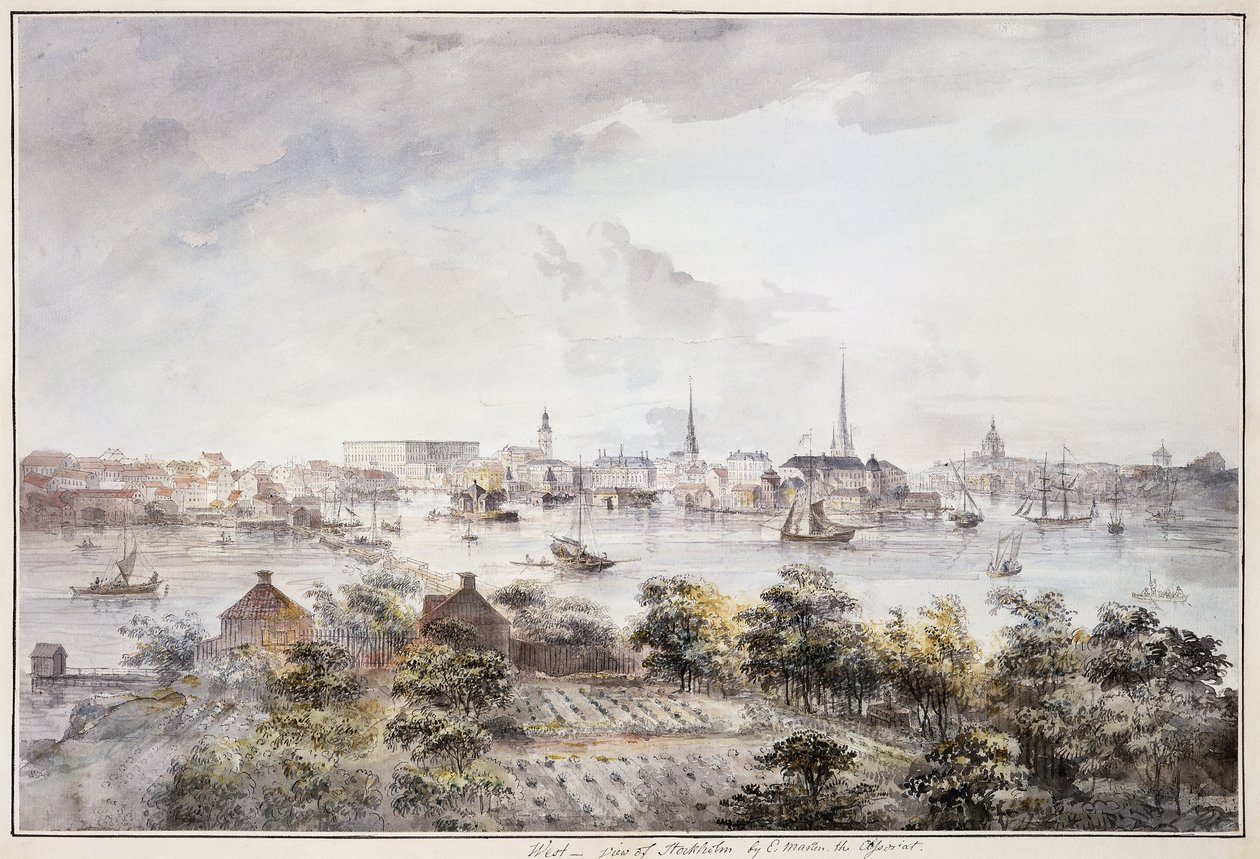 منظر ستوكهولم من Kungsholmen مع القصر الملكي والكنيسة العظمى والكنيسة الألمانية وكنيسة كاتارينا وكنيسة ريدارهولم ، بواسطة إلياس مارتن
