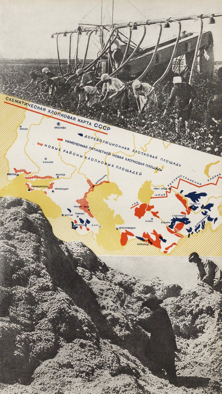 تربية القطن. رسم توضيحي من اتحاد الجمهوريات الاشتراكية السوفياتية يبني الاشتراكية ، 1933. بواسطة اليعازر ماركويتش ليسيتسكي