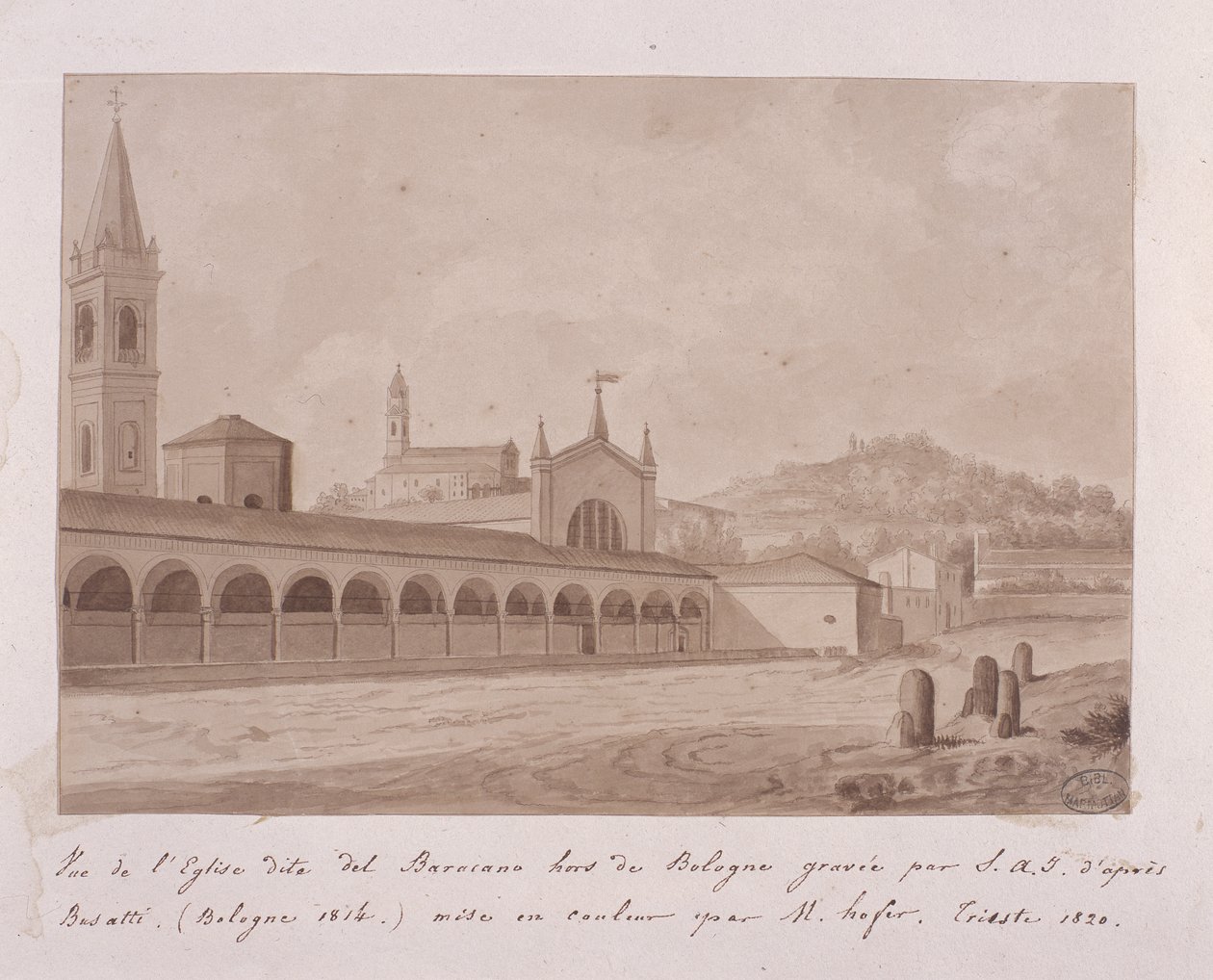 منظر لكنيسة باراكانو ، بولونيا ، بعد Basatti ، 1814 (نقش محسن مع مرحاض على ورق) بواسطة إليسا بونابرت