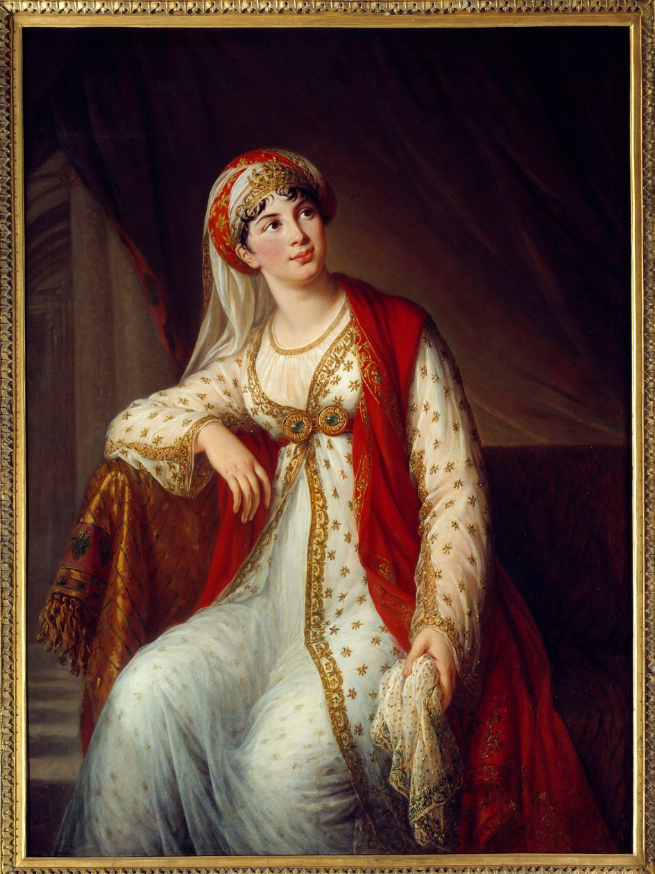 صورة للمغنية الإيطالية جوزيبينا غراسيني (1773-1850) في دور زائير في مسرحية فولتير التي تحمل الاسم نفسه (1694-1746) كانت عشيقة نابليون بونابرت ودوق ويلنجتون. لوحة لماري إليزابيث لويز فيجي لو برون (ou Vige بواسطة إليزابيث لويز فيجي ليبرون
