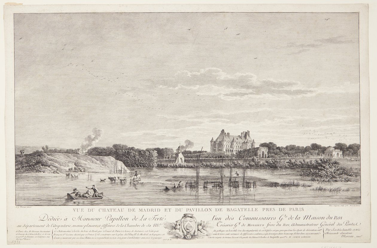 منظر لقصر مدريد وبافيلون دي باجاتيل (Vue du Chateau de Madrid et du Pavillon de Bagatelle pres de Paris) بواسطة إليز سورين