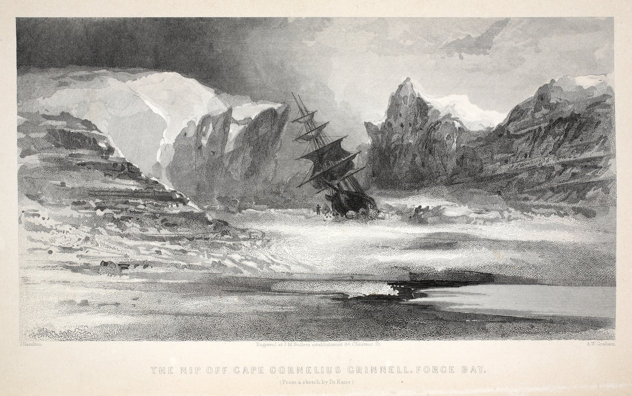 The Nip off Cape Cornelius Grinnell ، Force Bay ، رسم توضيحي من "رحلة غرينيل الثانية في البحث عن السير جون فرانكلين ..." ، 1856 بواسطة إليشا كينت كين